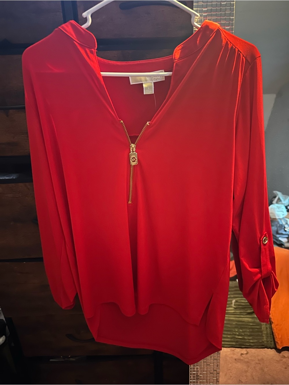Michael Kors Vibrant Red Zip-Front Roll-Tab Blouse